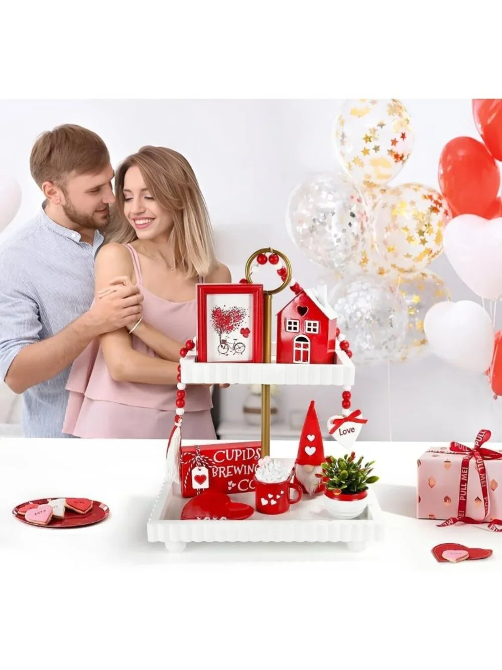 Charming Valentine's Day Home Office Decor Set - 8 PCS Tiered Tray Decorations